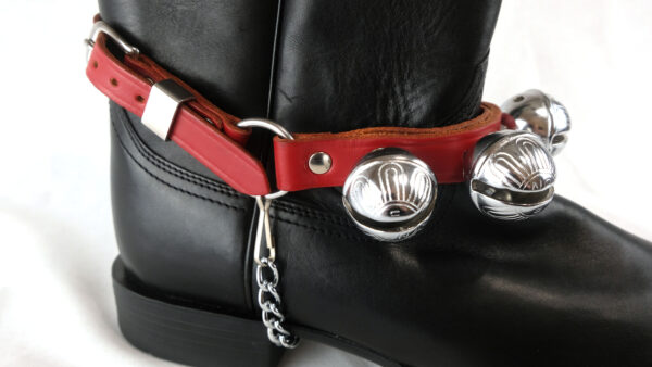 Boot Bells With Cast Nickel Plated Brass Sleigh Bells And Red, Brown Or Black Leather Straps Made By Amish Craftsmen. Pair Of 2 - Image 4