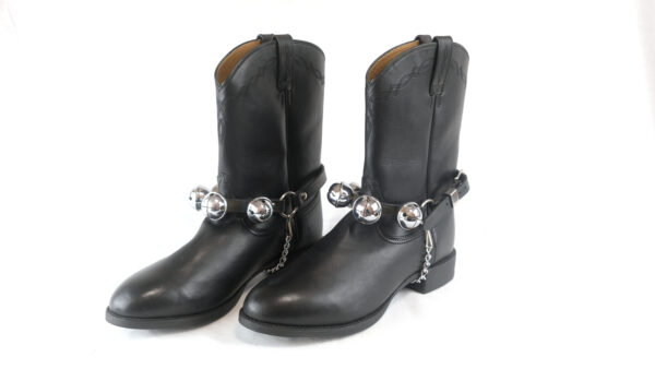 Smooth Nickel Plated Leather Boot Bells In Red, Brown And Black Made By Amish Craftsmen. Pair Of 2