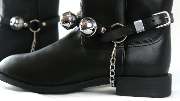 Smooth Nickel Plated Leather Boot Bells In Red, Brown And Black Made By Amish Craftsmen. Pair Of 2 - Image 5