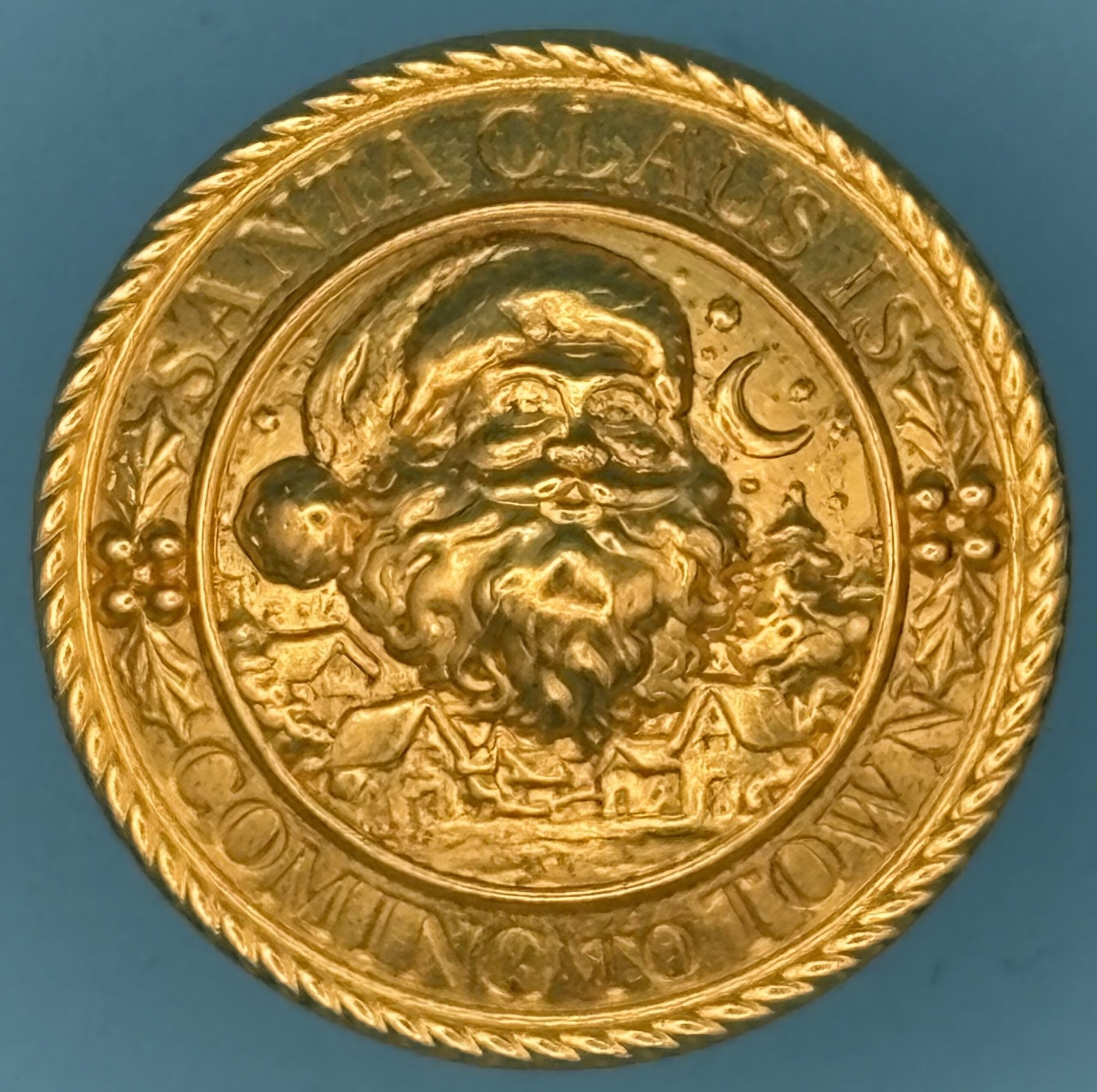NEW 2026 1 1/8 Inch "Santa Claus Is Coming To Town" Gold Sew On Or Removable.