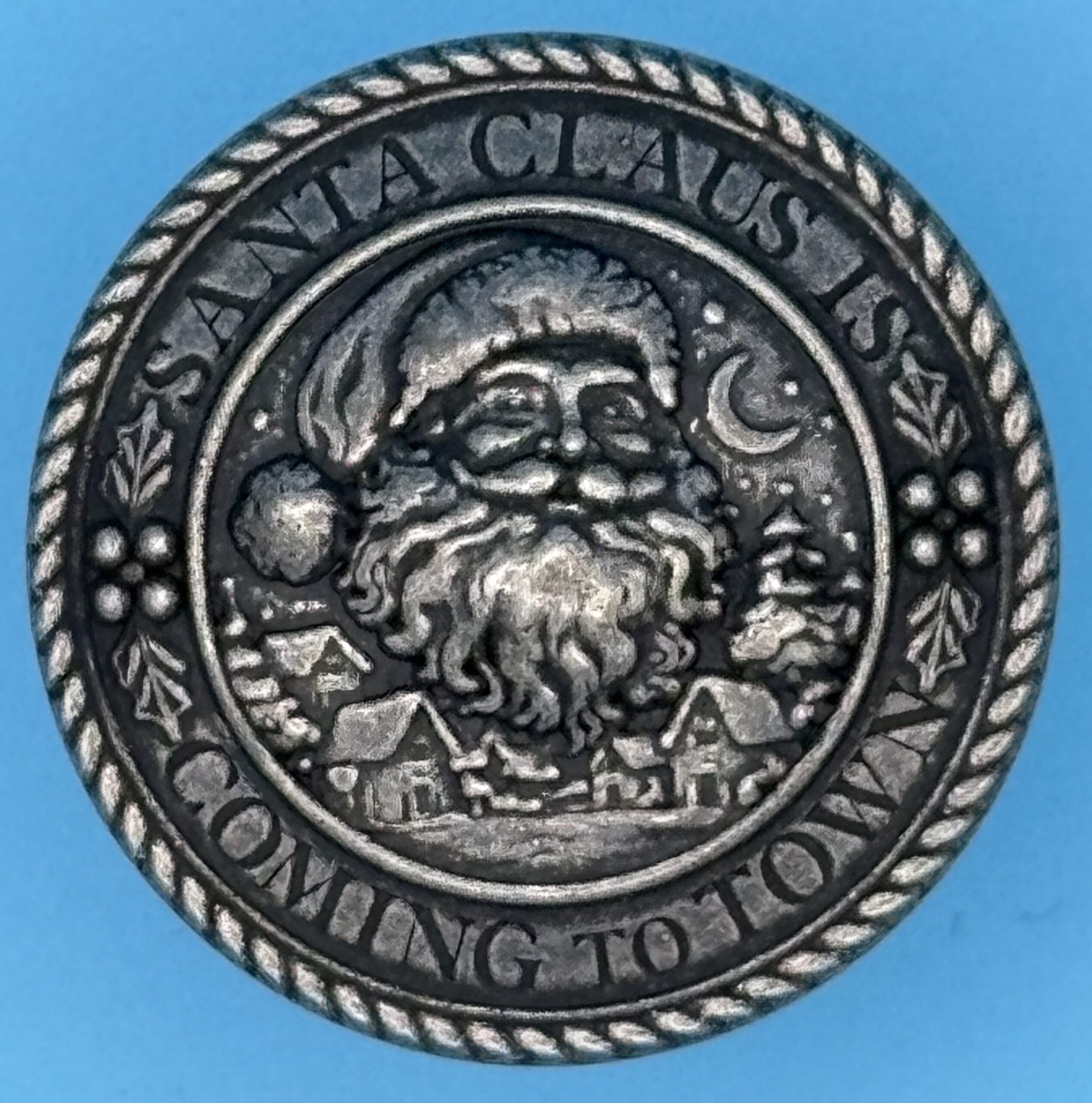 NEW 2026 1 1/8 Inch “Santa Claus Is Coming To Town” Antique Silver Sew On Or Removable.