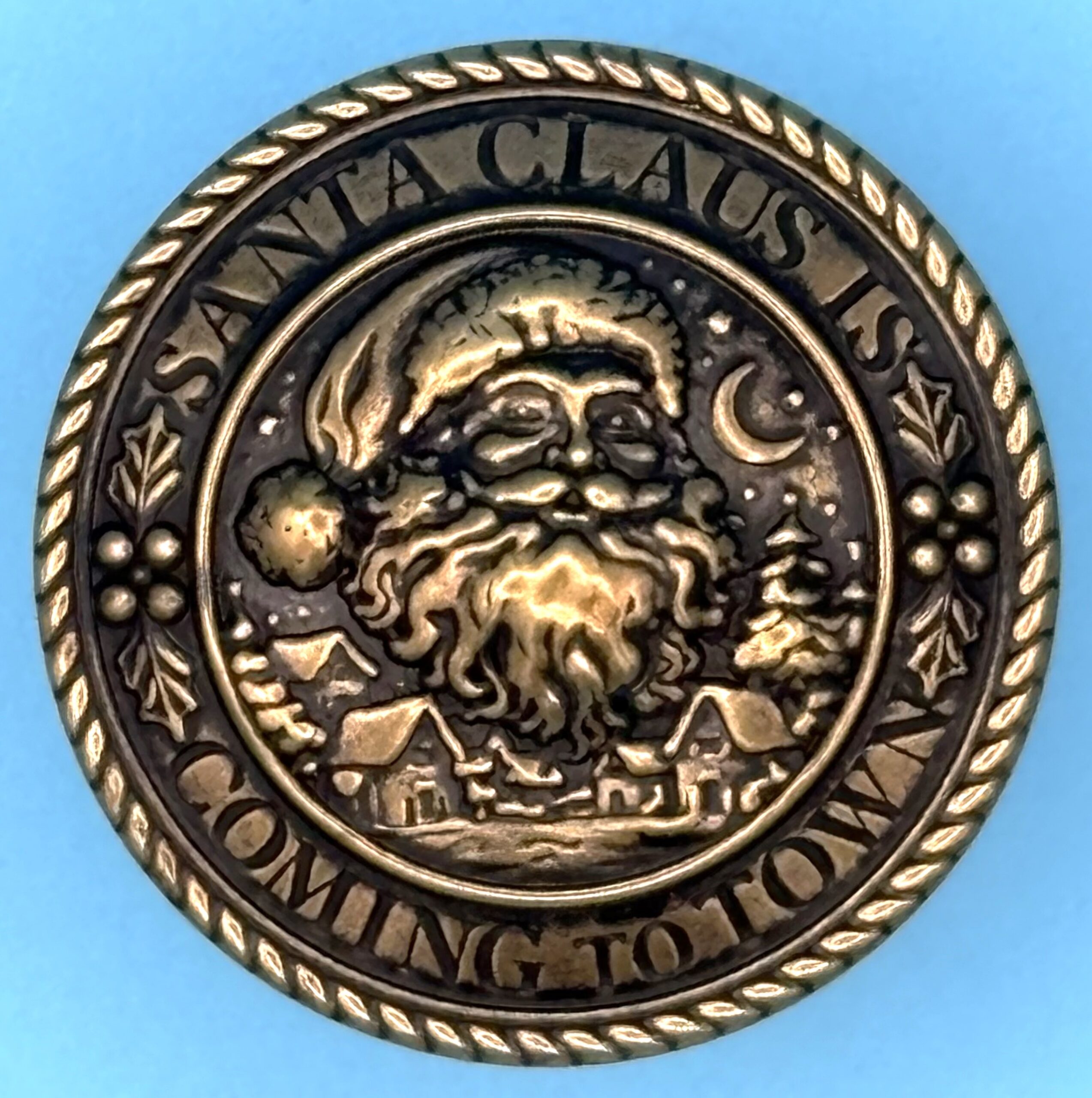 NEW 2026 1 1/8 Inch “Santa Claus Is Coming To Town” Silver Oxide Sew On Or Removable.