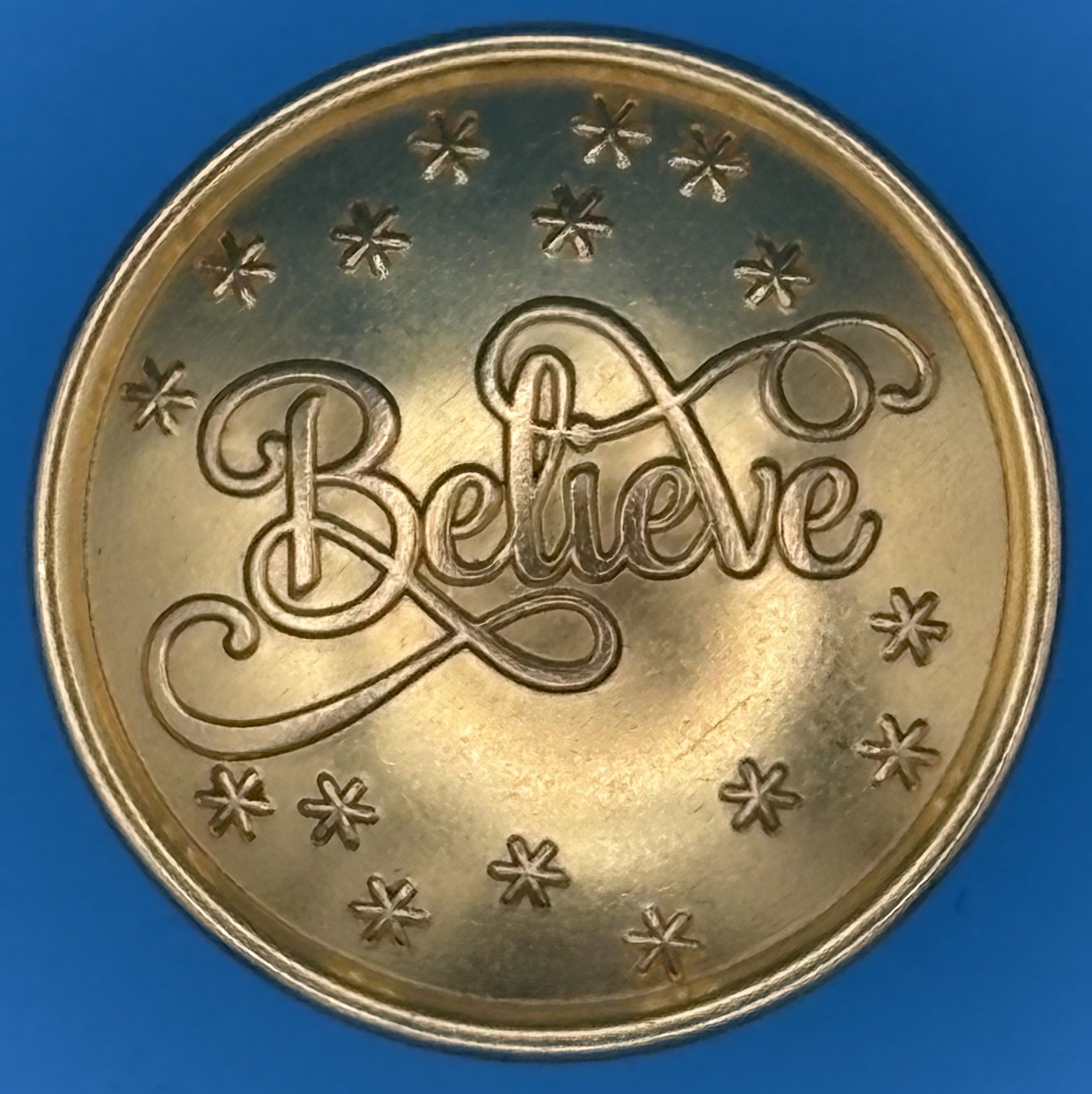 NEW 2026 1 1/8 Inch “Believe With Stars" Brass Sew On Or Removable.