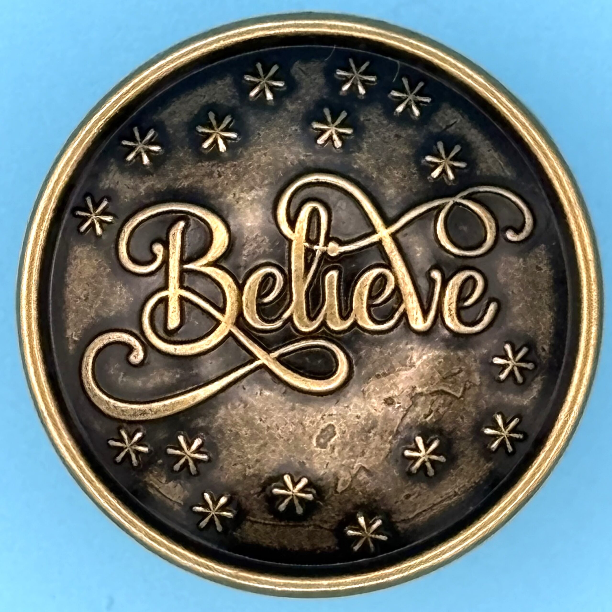 NEW 2026 1 1/8 Inch “Believe With Stars” Antique Brown Sew On Or Removable.