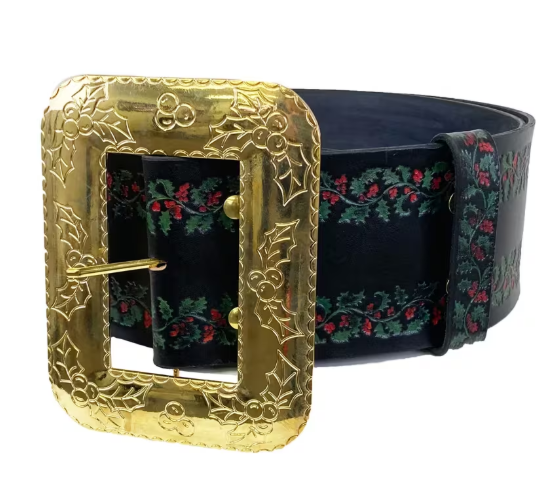 $199.95 SALE Black Deluxe Leather Belt With Red And Green Holy Embossed